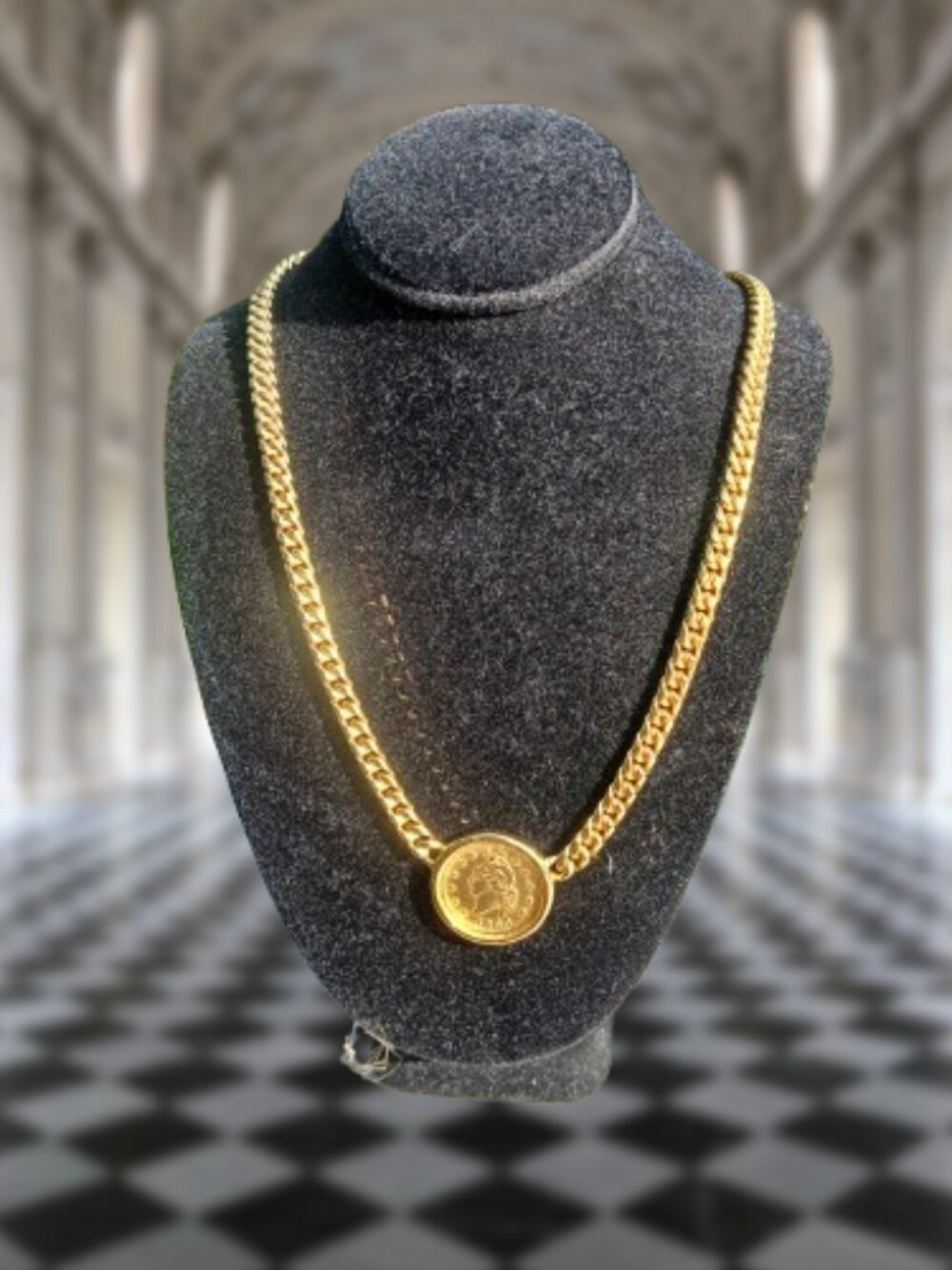 Vintage monet coin necklace gold tone army and navy 1863 womans profile stars
